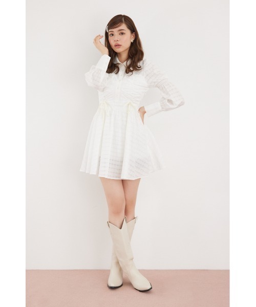 セール】フロントシャーリングリボンミニシャツフレアワンピース
