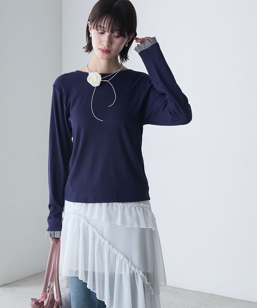 forksy.（フォルクシー）の「【forksy.】2way 袖フリル バックツイスト リブロンT（Tシャツ/カットソー・レディース・ブラック/オリーブ/ネイビー・FREE）」の17枚目の写真