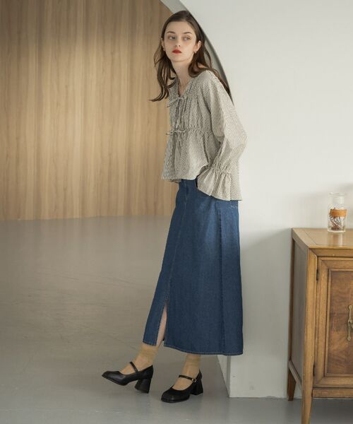 RETRO GIRL（レトロガール）の「フリンジ切替デニムSK（デニムスカート・レディース・ブラック/ブルー・FREE）」の4枚目の写真