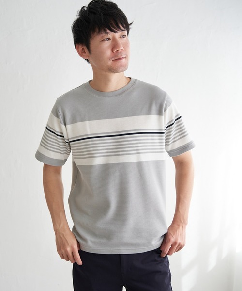 ikka(イッカ)の「リップルパネルボーダーTシャツ(Tシャツ/カットソー・メンズ・グレー/ホワイト/ネイビー・M/L/XL/S)」の6枚目の写真