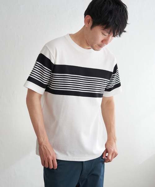 ikka(イッカ)の「リップルパネルボーダーTシャツ(Tシャツ/カットソー・メンズ・グレー/ホワイト/ネイビー・M/L/XL/S)」の4枚目の写真