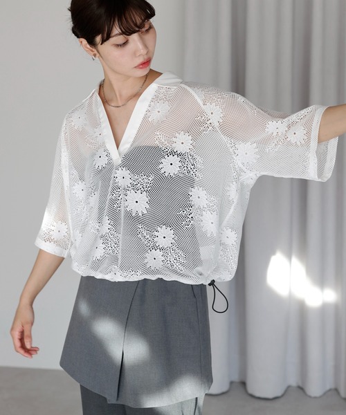 トップス user セール】Flower mesh skipper tops フラワーメッシュスキッパー