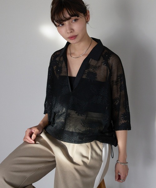 Flower mesh skipper tops フラワーメッシュスキッパートップス