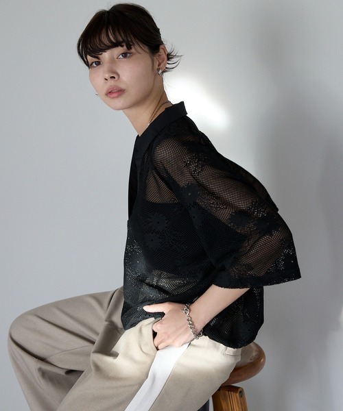 トップス user セール】Flower mesh skipper tops フラワーメッシュスキッパー