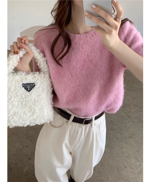 セール】《韓国ファッション》リブヘム半袖ニット（ニット/セーター