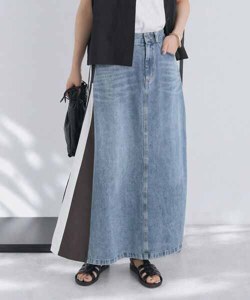 CRAFT STANDARD BOUTIQUE(クラフトスタンダードブティック)の「デニム切替異素材スカート(スカート・レディース・ブラウン/ブラック・FREE)」の4枚目の写真
