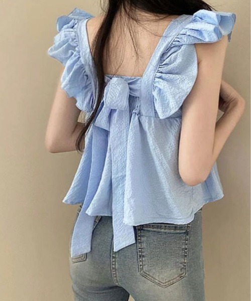 美品　セブンテン　バックリボンフリルトップス(ミント) ノースリーブ 美品 セブンテン バックリボンフリルトップス(ミント