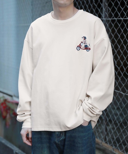 HOOK（フック）の「HOOK -original-　DOGワンポイント刺繍ロンTEE（Tシャツ/カットソー・メンズ・グリーン/ブラック/ライトベージュ/オフホワイト/ライトブルー/ホワイト・LARGE/MEDIUM/X-LARGE）」の9枚目の写真