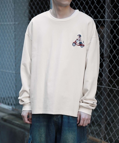 HOOK（フック）の「HOOK -original-　DOGワンポイント刺繍ロンTEE（Tシャツ/カットソー・メンズ・グリーン/ブラック/ライトベージュ/オフホワイト/ライトブルー/ホワイト・LARGE/MEDIUM/X-LARGE）」の10枚目の写真