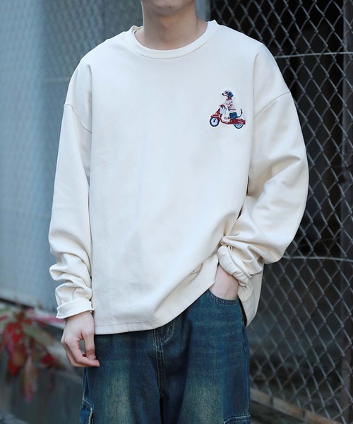 HOOK（フック）の「HOOK -original-　DOGワンポイント刺繍ロンTEE（Tシャツ/カットソー・メンズ・グリーン/ブラック/ライトベージュ/オフホワイト/ライトブルー/ホワイト・LARGE/MEDIUM/X-LARGE）」の15枚目の写真