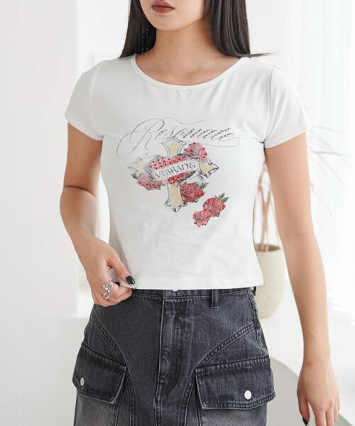 WEGO(ウィゴー)の「WEGO/ラインストーンハートグラフィックちびT(Tシャツ/カットソー・レディース・ブラック/ホワイト・FREE)」の1枚目の写真