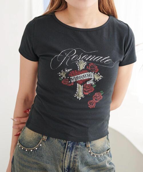 WEGO(ウィゴー)の「WEGO/ラインストーンハートグラフィックちびT(Tシャツ/カットソー・レディース・ブラック/ホワイト・FREE)」の2枚目の写真