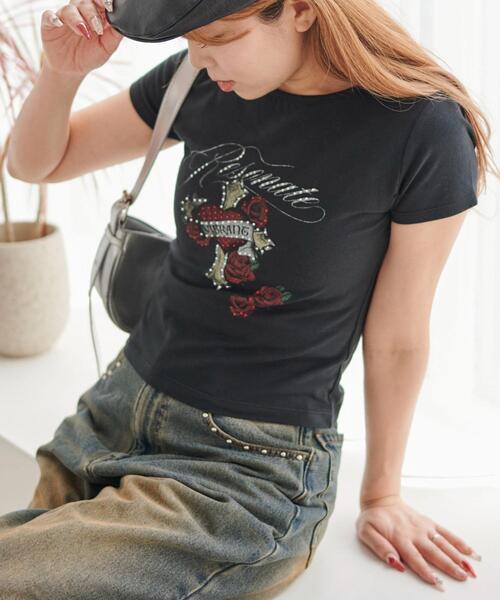 WEGO(ウィゴー)の「WEGO/ラインストーンハートグラフィックちびT(Tシャツ/カットソー・レディース・ブラック/ホワイト・FREE)」の11枚目の写真