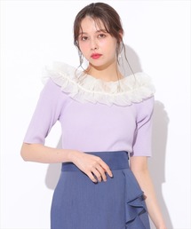 SWINGLE | シアーフリルデコルテ五分袖ニットプルオーバー(ニット/セーター)