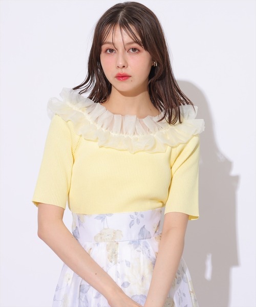 SWINGLE(スウィングル)の「シアーフリルデコルテ五分袖ニットプルオーバー(ニット/セーター・レディース・イエロー/ネイビー/パープル/オフホワイト・FREE)」の10枚目の写真