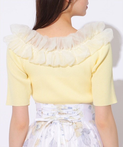 SWINGLE(スウィングル)の「シアーフリルデコルテ五分袖ニットプルオーバー(ニット/セーター・レディース・イエロー/ネイビー/パープル/オフホワイト・FREE)」の9枚目の写真