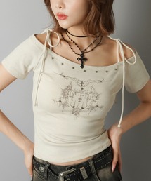 SPINNS(スピンズ)の「半袖オフショルカットソー/肩リボン/クロス(Tシャツ/カットソー・レディース)」