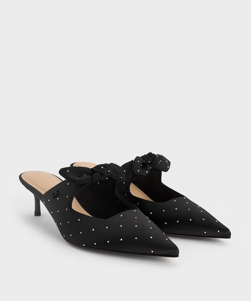 サンダル・ミュール Knotted llic Leather Mid-Heel Bow Mule Black Lu Patent Leather Bow Blade-Heel Mules - CHARLES