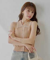 【全4色】ノースリーブニットトップ　アイボリー ベージュ スカイ ブラック【v-u25032001top】( mja )(250327) サイドバイカラーラインノースリーブニットトップス［N1100