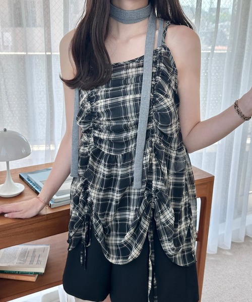 WEGO（ウィゴー）の「WEGO/ドロストデザインキャミワンピース（ワンピース・レディース・ブラウン/ブラック系その他2/ブルー系その他2/ブラック/ホワイト/その他1/ブラウン系その他2/ブルー系その他3・FREE）」の6枚目の写真