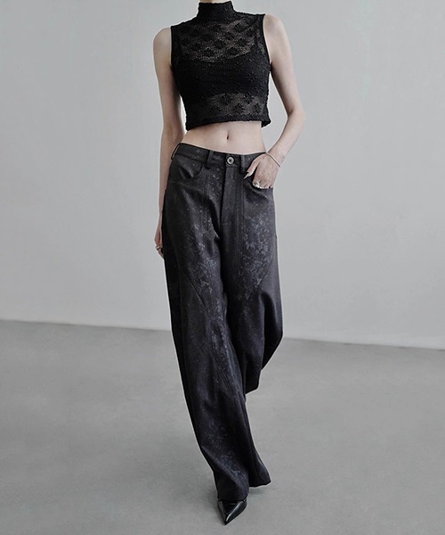 CHENTAITAI】フラワーメッシュ ハイネック コンパクトトップ