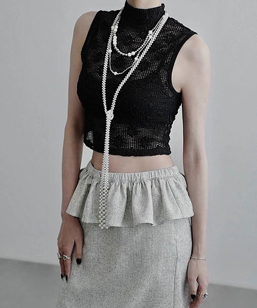 CHENTAITAI】フラワーメッシュ ハイネック コンパクトトップ