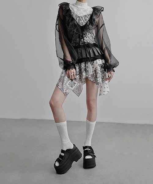 CHENTAITAI】フラワーメッシュ ハイネック コンパクトトップ