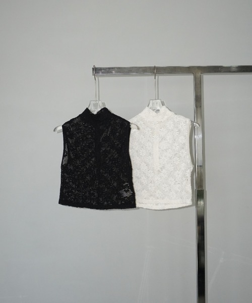 CHENTAITAI】フラワーメッシュ ハイネック コンパクトトップ