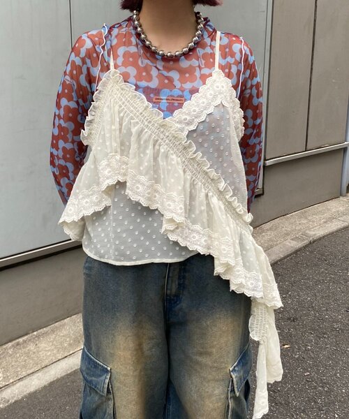 HELLO.SANFRANCISCO（ハローサンフランシスコ）の「【HELLO.SANFRANCISCO/ハローサンフランシスコ】アシメフリルドットレースキャミ（タンクトップ・レディース・サックスブルー/ブラック/オフホワイト・ONE SIZE）」の4枚目の写真