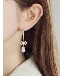 ビジューリボンフェイクパールピアス