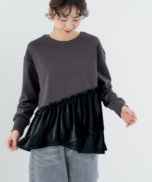 SABUROKU(サブロク)の「【SABUROKU】トレンド感 ◎ スエードフリル裏毛トレーナー(Tシャツ/カットソー・レディース・チャコールグレー/グレー/イエロー・M)」の8枚目の写真