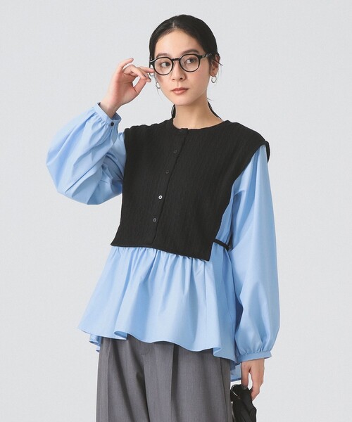 Ray BEAMS プリーツ キリカエ バンドカラー シャツ レイビームス] L/S