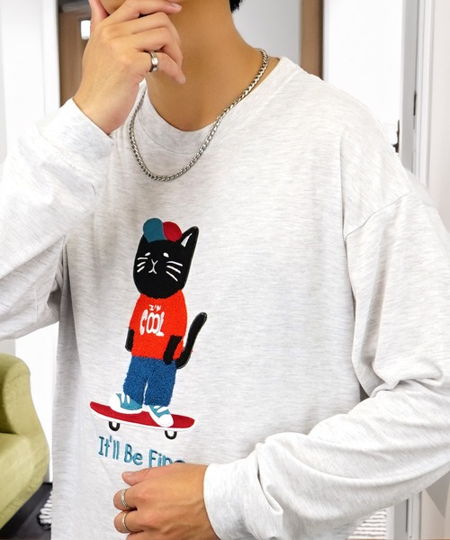 セール】黒猫 おばけ サガラ刺繍 長袖 Tシャツ（Tシャツ