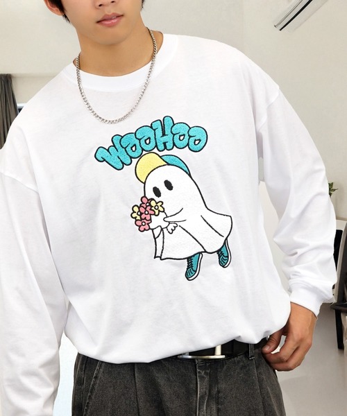 セール】黒猫 おばけ サガラ刺繍 長袖 Tシャツ（Tシャツ/カットソー