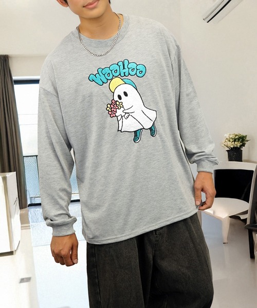 セール】黒猫 おばけ サガラ刺繍 長袖 Tシャツ（Tシャツ/カットソー