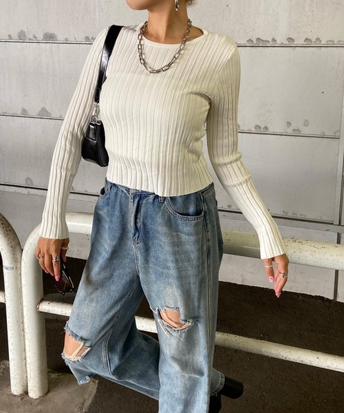 non-hedge(ノンヘッジ)の「リブショート丈ニットトップス(ニット/セーター・レディース・ベージュ/ブラック/ブルー/オフホワイト/ブラウン・FREE)」の16枚目の写真