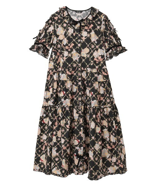 新品同様✨ピンクハウス　Favoritesプリントワンピース　ティアード　黒 新品同様✨ピンクハウス Favoritesプリントワンピース