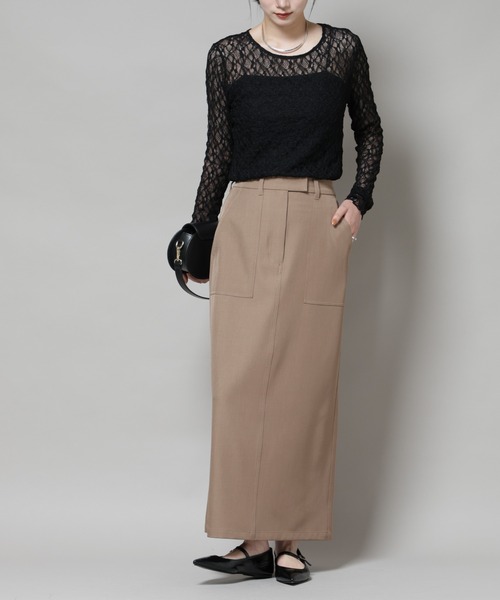 NANO universe（ナノユニバース）の「ポケットディティールナロースカート(セットアップ可)（スカート・レディース・チャコール/ベージュ/キャメル・FREE）」の3枚目の写真