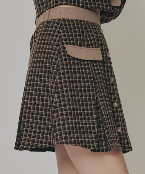 バイカラークラシックチェックブラウス×ミニスカートセットアップ