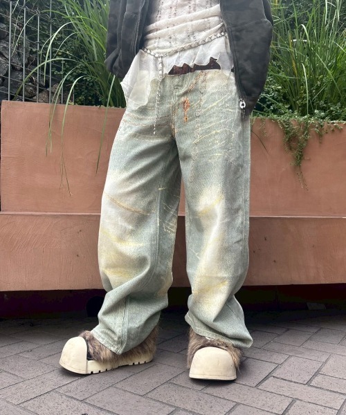 GATELESS（ゲートレス）の「【GATELESS】VINTAGE PRINT BUGGY DENIM PANTS / 【ゲートレス】ビンテージプリントバギーデニムパンツ（デニムパンツ・レディース・ライトブルー・L/S/M）」の16枚目の写真