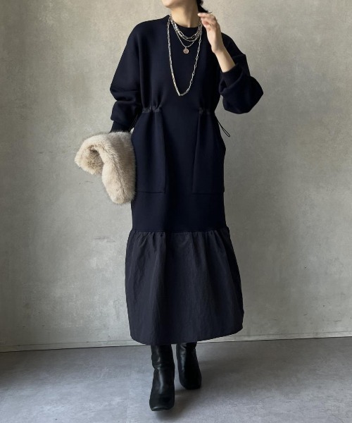 a lot of love（ア ロット オブ ラブ）の「異素材切り替え ビッグポケットワンピース（ワンピース・レディース・ブラック/ネイビー・FREE）」の3枚目の写真