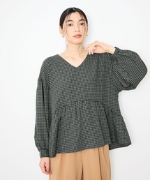 Idnes ぺプラムギンガムチェックブラウス