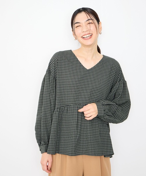 Mac-House(マックハウス)の「Idnes ぺプラムギンガムチェックブラウス(シャツ/ブラウス・レディース・グレー/ブラウン・FREE)」の5枚目の写真