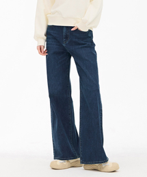 女性Dトーンヒドゥンバンディングワイドデニムパンツ-ネイビー
