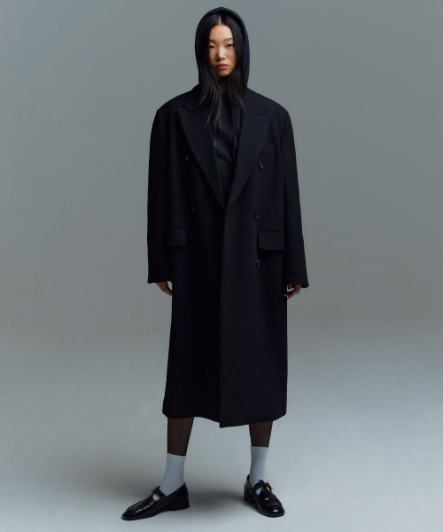 ウィメンズウールブレンドオーバーショルダーダブルコート[ブラック