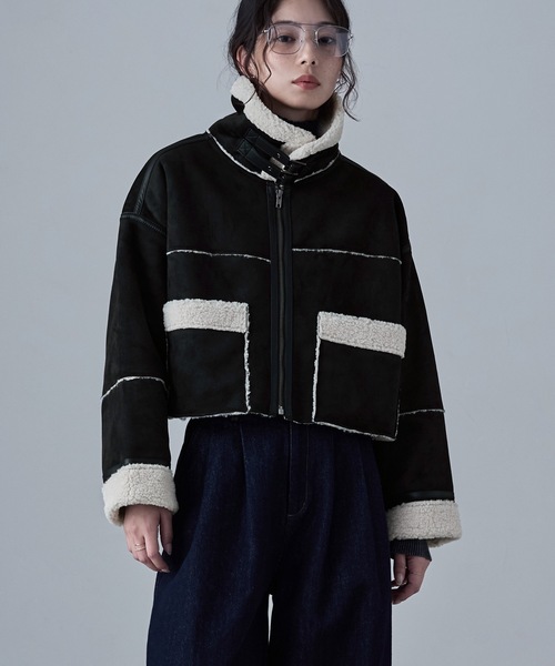 etoll.（エトル）の「フェイクムートンショートフライトジャケット（ブルゾン・レディース・キャメル/チャコール/ブラック/ブラウン・FREE）」の5枚目の写真