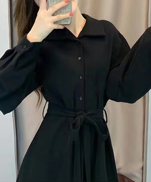 Flugge(フラッジー)の「ウエストリボンシャツワンピース(ワンピース・レディース・ブラック・LARGE/MEDIUM)」の2枚目の写真