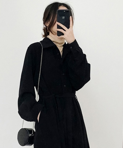 Flugge(フラッジー)の「ウエストリボンシャツワンピース(ワンピース・レディース・ブラック・LARGE/MEDIUM)」の3枚目の写真