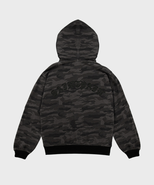 セール】SPレザーアップリケカモフードジップアップブラック（パーカー