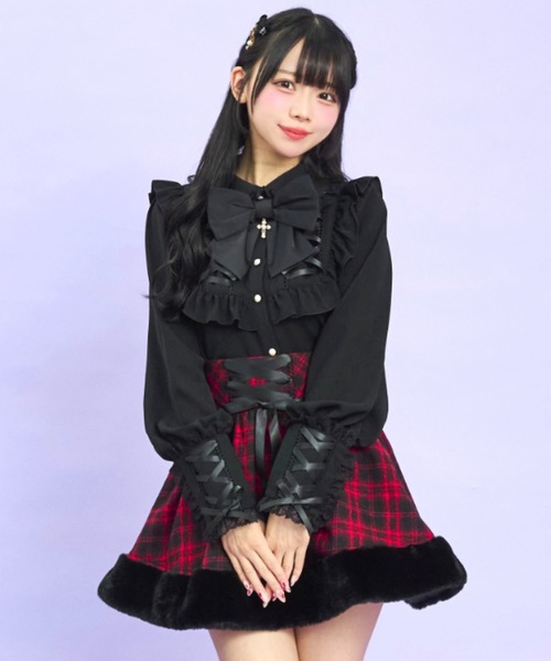 Secret Honey（シークレットハニー）の「ヨーク＆カフスレースアップブラウス（シャツ/ブラウス・レディース・ワインレッド/ブラック・MEDIUM）」の2枚目の写真